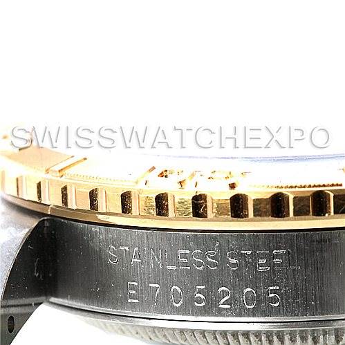 The image shows a side view of the Rolex Turn-o-Graph 16263 Men's Steel and Gold (two tone) Champagne Dial 16263 Men's Steel and Gold (two tone) Champagne Dial watch case, highlighting the stainless steel part with the serial number engraved.