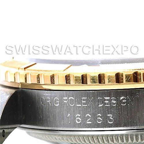 Side view of a Rolex Turn-o-Graph 16263 Men's Steel and Gold (two tone) Champagne Dial 16263 Men's Steel and Gold (two tone) Champagne Dial watch, showing the bezel and model engraving "ORIG ROLEX DESIGN 16263."