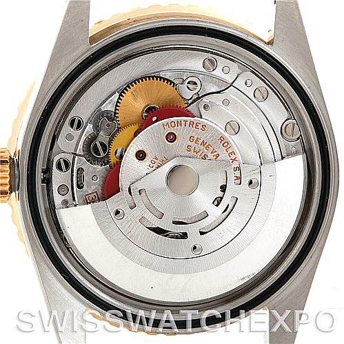 This image shows the movement mechanism of the Rolex Turn-o-Graph 16263 Men's Steel and Gold (two tone) Champagne Dial 16263 Men's Steel and Gold (two tone) Champagne Dial watch from a back view.