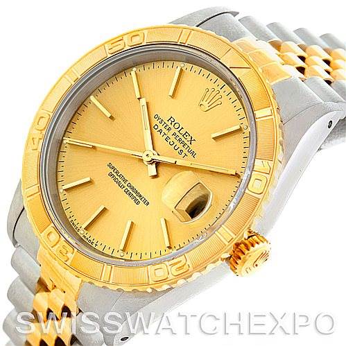 The image shows a Rolex Turn-o-Graph 16263 Men's Steel and Gold (two tone) Champagne Dial 16263 Men's Steel and Gold (two tone) Champagne Dial watch at a slight angle, highlighting the gold bezel, crown, and part of the two-tone bracelet.