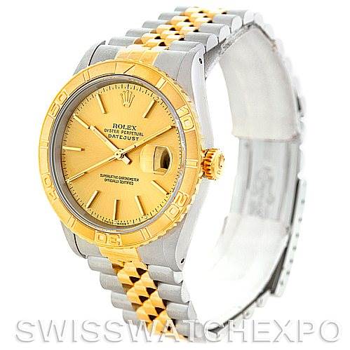 The Rolex Turn-o-Graph 16263 Men's Steel and Gold (two tone) Champagne Dial 16263 Men's Steel and Gold (two tone) Champagne Dial watch is shown at a three-quarter angle, displaying its dual-tone bezel, dial, and bracelet.