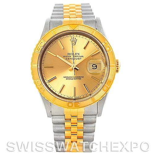 The image shows a front view of a Rolex Turn-o-Graph 16263 Men's Steel and Gold (two tone) Champagne Dial 16263 Men's Steel and Gold (two tone) Champagne Dial watch with a gold bezel and two-tone metal bracelet.
