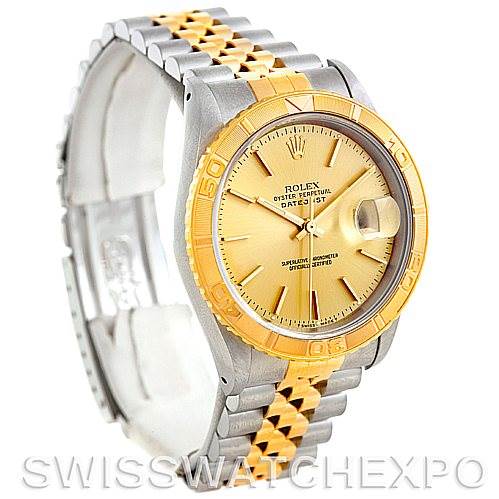 This image shows a Rolex Turn-o-Graph 16263 Men's Steel and Gold (two tone) Champagne Dial 16263 Men's Steel and Gold (two tone) Champagne Dial model watch from an angled side view displaying the face, bezel, and bracelet.