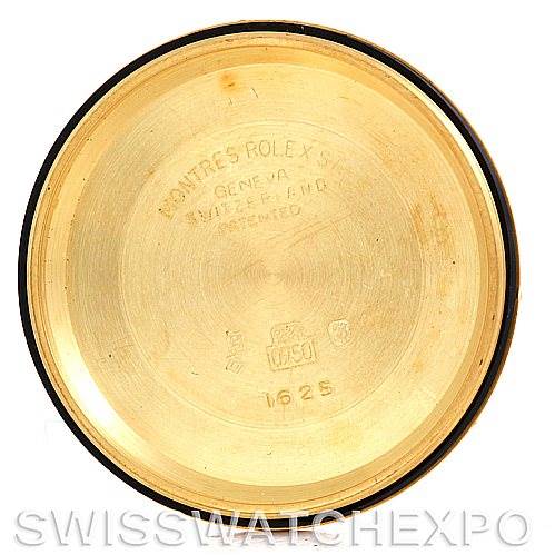 This image shows the inside case back of a Rolex Turn-o-Graph 1625 Men's Yellow Gold Champagne Dial 1625 Men's Yellow Gold Champagne Dial watch, displaying model and brand engravings.