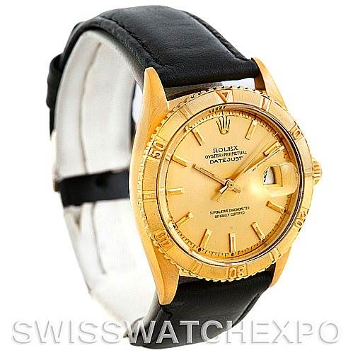 The image shows a side and front view of the Rolex Turn-o-Graph 1625 Men's Yellow Gold Champagne Dial 1625 Men's Yellow Gold Champagne Dial watch, highlighting its gold bezel, dial, and black leather strap.