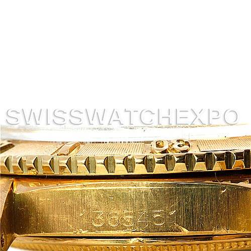 The image shows the side view of the bezel and case of a Rolex Turn-o-Graph 1625 Men's Yellow Gold Champagne Dial 1625 Men's Yellow Gold Champagne Dial watch, highlighting the bezel teeth and engraved serial number.