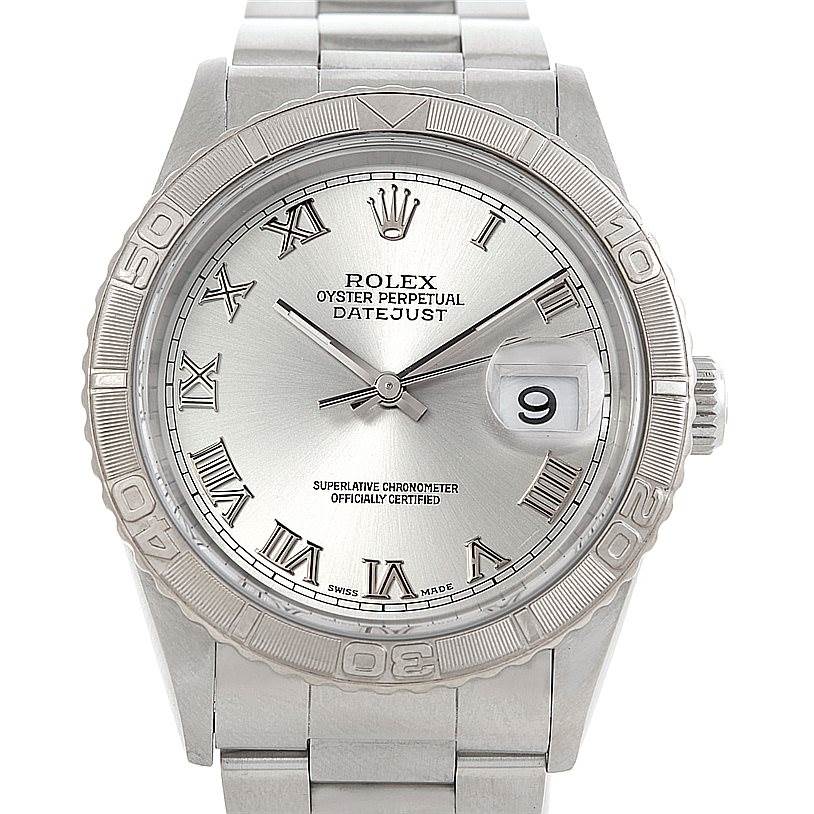 This Rolex Turn-o-Graph 16264 Men's Stainless Steel Silver Dial 16264 Men's Stainless Steel Silver Dial watch is shown from the front, displaying its face, bezel, and part of the bracelet.