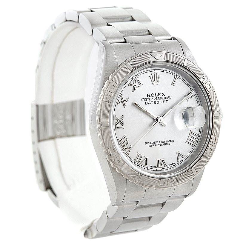 This image shows a Rolex Turn-o-Graph 16264 Men's Stainless Steel Silver Dial 16264 Men's Stainless Steel Silver Dial watch at a three-quarter angle, displaying the face, bezel, and part of the bracelet.
