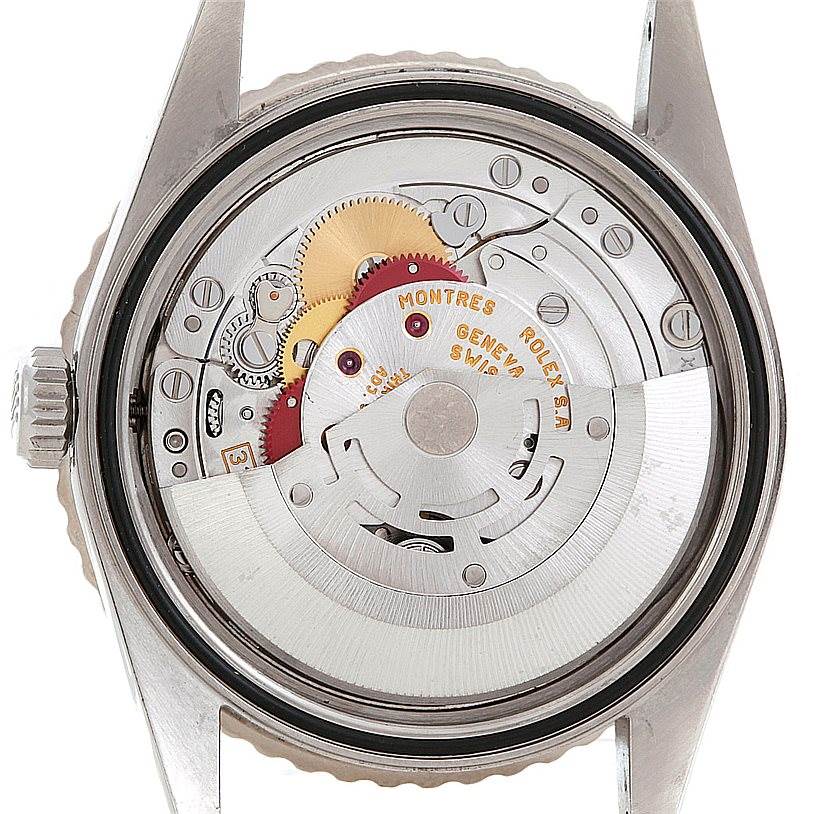 This image shows the internal mechanism and movement of the Rolex Turn-o-Graph 16264 Men's Stainless Steel Silver Dial 16264 Men's Stainless Steel Silver Dial model from a rear, open-case angle.