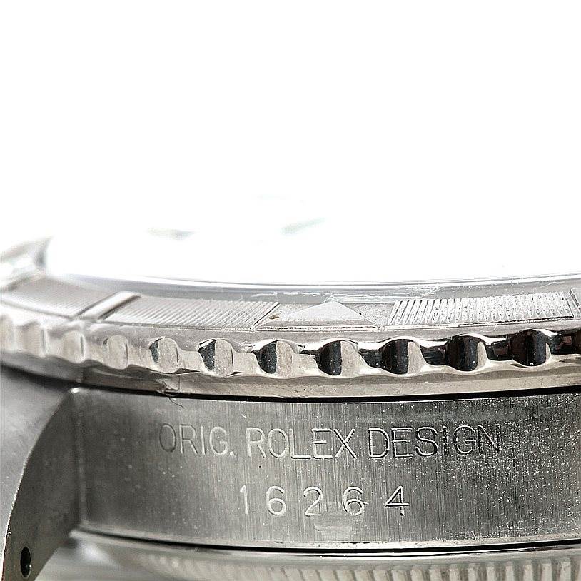 This close-up shows the side view of the bezel and case of the Rolex Turn-o-Graph 16264 Men's Stainless Steel Silver Dial 16264 Men's Stainless Steel Silver Dial model, revealing the engraved model number 16264.