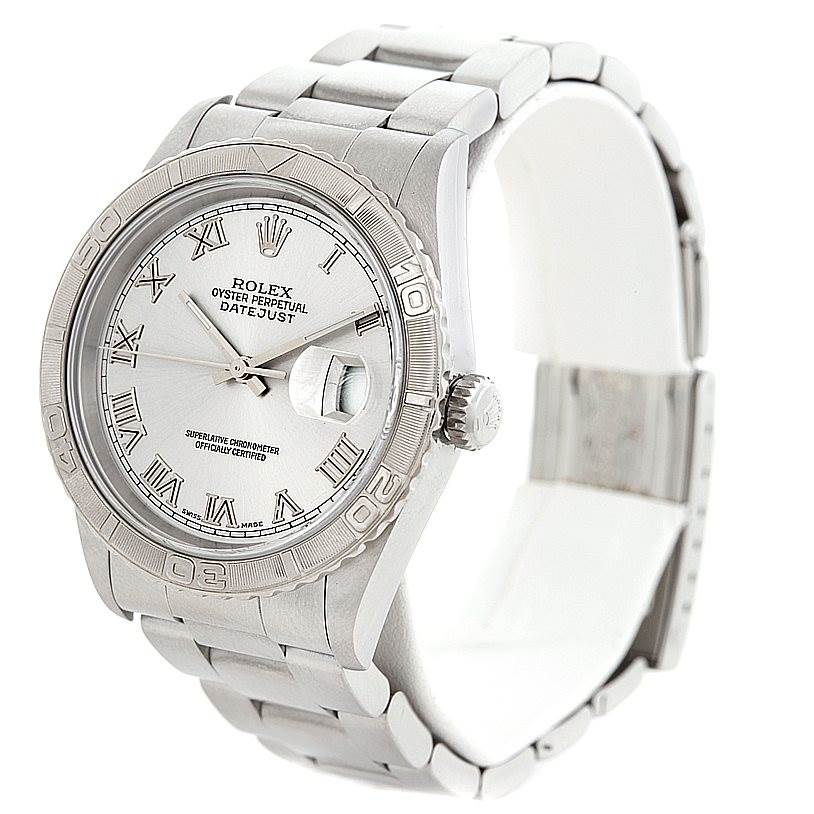 This image shows a Rolex Turn-o-Graph 16264 Men's Stainless Steel Silver Dial 16264 Men's Stainless Steel Silver Dial watch from a three-quarter angle, displaying its face, bezel, and bracelet.