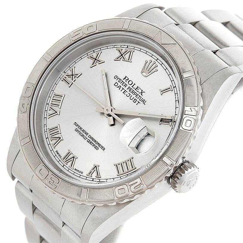 This image shows a close-up angle of the Rolex Turn-o-Graph 16264 Men's Stainless Steel Silver Dial 16264 Men's Stainless Steel Silver Dial watch, highlighting the dial, bezel, crown, and bracelet.
