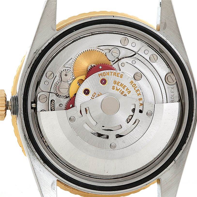 This image shows the internal mechanical movement of a Rolex Turn-o-Graph 16263 Men's Steel and Gold (two tone) White Dial 16263 Men's Steel and Gold (two tone) White Dial watch, viewed from the back.