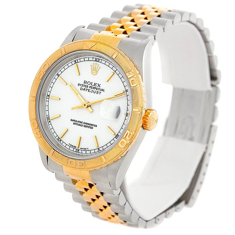 The image shows a Rolex Turn-o-Graph 16263 Men's Steel and Gold (two tone) White Dial 16263 Men's Steel and Gold (two tone) White Dial watch at a three-quarter angle, highlighting its gold bezel, white dial, and two-tone bracelet.