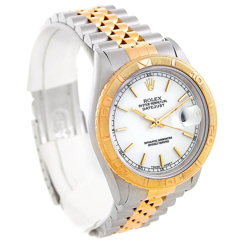 The image shows a Rolex Turn-o-Graph 16263 Men's Steel and Gold (two tone) White Dial 16263 Men's Steel and Gold (two tone) White Dial model watched from an oblique angle highlighting the face, bezel, and part of the strap.