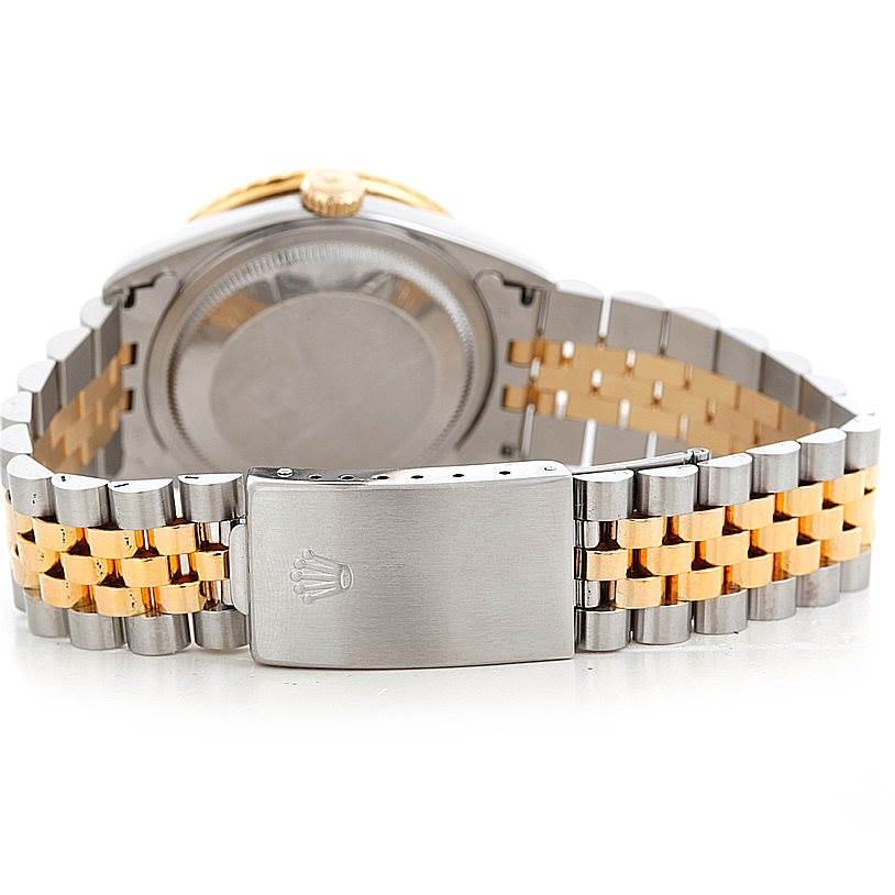 This image shows the back of the Rolex Turn-o-Graph 16263 Men's Steel and Gold (two tone) White Dial 16263 Men's Steel and Gold (two tone) White Dial watch, focusing on the case and two-tone bracelet with the clasp.