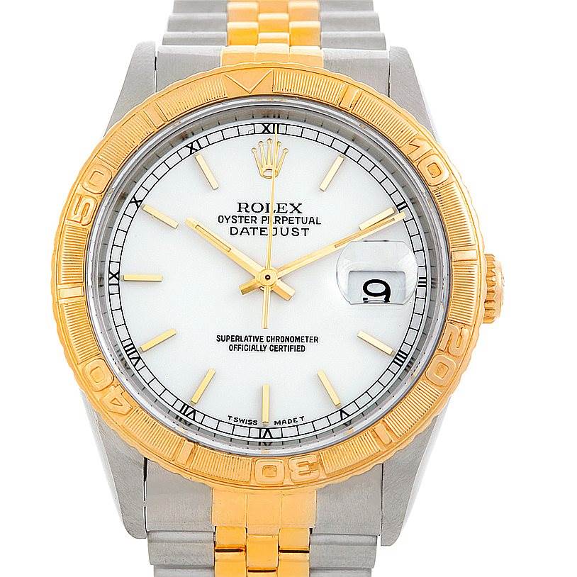 The image shows a front view of the Rolex Turn-o-Graph 16263 Men's Steel and Gold (two tone) White Dial 16263 Men's Steel and Gold (two tone) White Dial watch, highlighting the dial, bezel, and part of the bracelet.