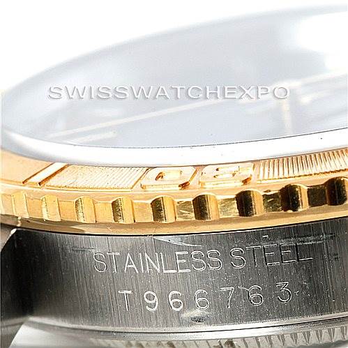 The image shows a side angle of a Rolex Turn-o-Graph 16263 Men's Steel and Gold (two tone) Black Dial 16263 Men's Steel and Gold (two tone) Black Dial watch focusing on its stainless steel case and gold bezel.