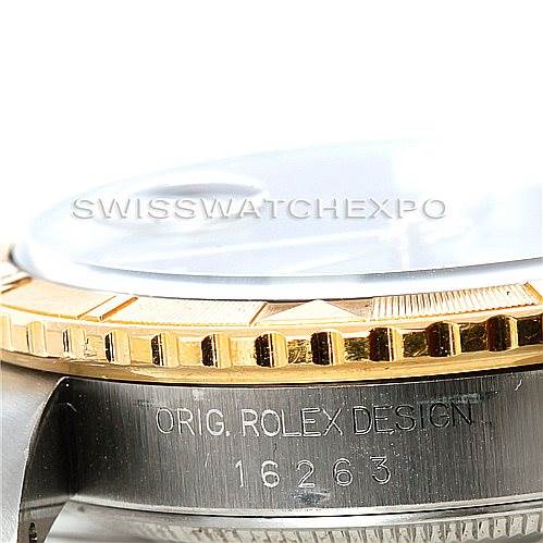 The image shows a close-up of the bezel, case, and model number engraving on the side of a Rolex Turn-o-Graph 16263 Men's Steel and Gold (two tone) Black Dial 16263 Men's Steel and Gold (two tone) Black Dial watch.