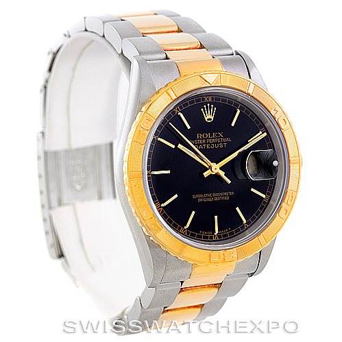 The image shows a Rolex Turn-o-Graph 16263 Men's Steel and Gold (two tone) Black Dial 16263 Men's Steel and Gold (two tone) Black Dial watch at an angled view displaying the dial, bezel, and bracelet.