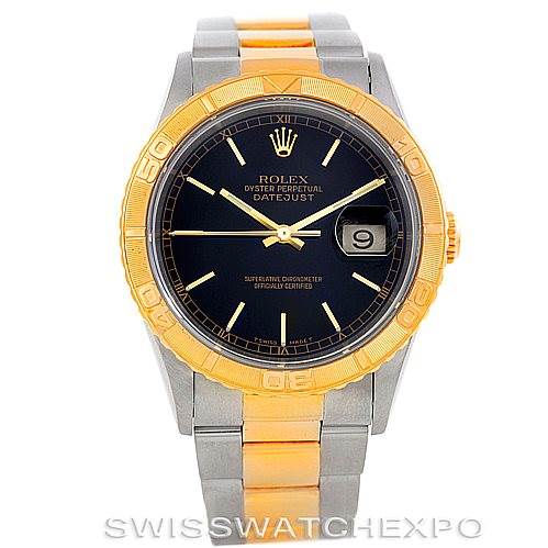 This image shows a Rolex Turn-o-Graph 16263 Men's Steel and Gold (two tone) Black Dial 16263 Men's Steel and Gold (two tone) Black Dial watch from the front, detailing its bezel, dial, hands, and date window.