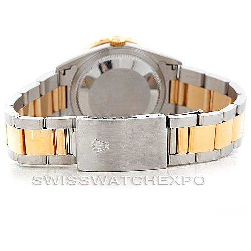 The image shows the back view and clasp of a Rolex Turn-o-Graph 16263 Men's Steel and Gold (two tone) Black Dial 16263 Men's Steel and Gold (two tone) Black Dial watch, highlighting its two-tone metal bracelet.