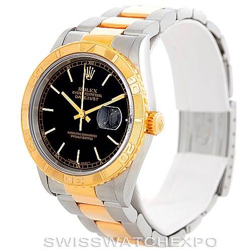 The Rolex Turn-o-Graph 16263 Men's Steel and Gold (two tone) Black Dial 16263 Men's Steel and Gold (two tone) Black Dial watch is shown at a three-quarter angle, highlighting its gold bezel, black dial, and two-tone bracelet.