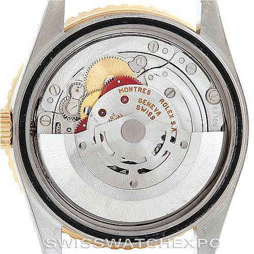 This image shows the back view of the Rolex Turn-o-Graph 16263 Men's Steel and Gold (two tone) Black Dial 16263 Men's Steel and Gold (two tone) Black Dial watch, highlighting its inner movement mechanism.