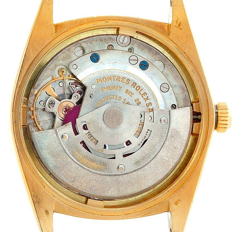 This image shows an open back view of the Rolex Turn-o-Graph 1625 Men's Yellow Gold Champagne Dial 1625 Men's Yellow Gold Champagne Dial watch, revealing its internal mechanical movement.