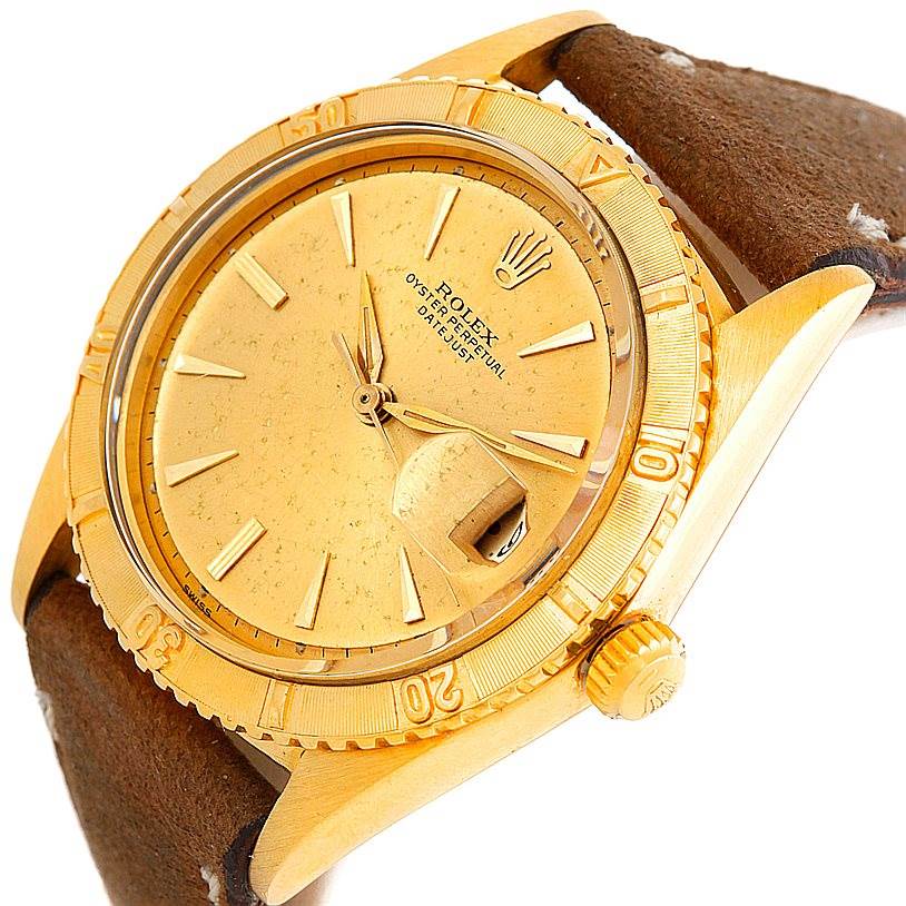 This image shows a Turn-o-Graph model by Rolex from an angled top view, displaying the dial, bezel, and crown.