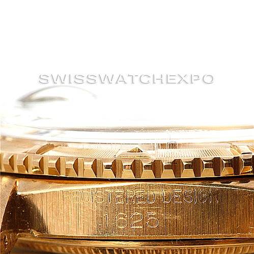 The image shows a side view of the Rolex Turn-o-Graph 1625 Men's Yellow Gold Champagne Dial 1625 Men's Yellow Gold Champagne Dial watch, focusing on the bezel and case with the model number 1625 engraved.