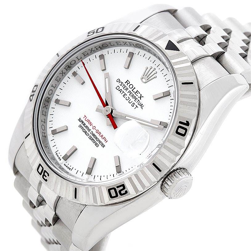 This Rolex Turn-o-Graph 116264 Men's Stainless Steel White Dial 116264 Men's Stainless Steel White Dial watch is shown at an angle displaying the face, bezel, crown, and partial bracelet.