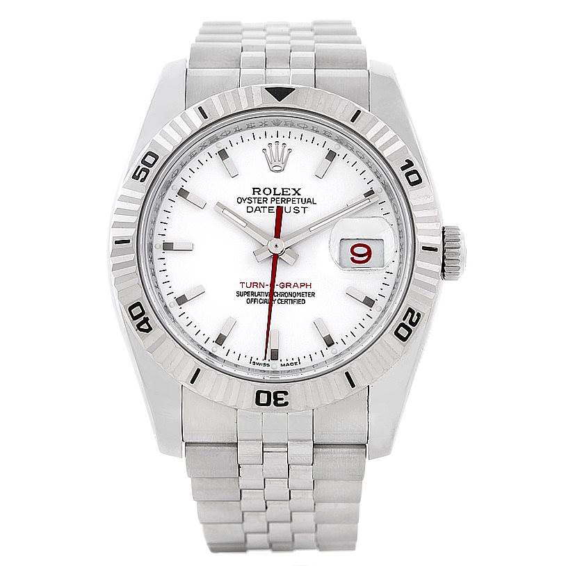 The image shows a front view of the Rolex Turn-o-Graph 116264 Men's Stainless Steel White Dial 116264 Men's Stainless Steel White Dial watch, displaying its face, bezel, and bracelet.