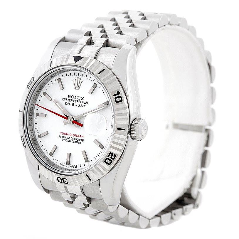 The image shows a Rolex Turn-o-Graph 116264 Men's Stainless Steel White Dial 116264 Men's Stainless Steel White Dial watch at a three-quarter angle emphasizing the dial, bezel, crown, and bracelet.