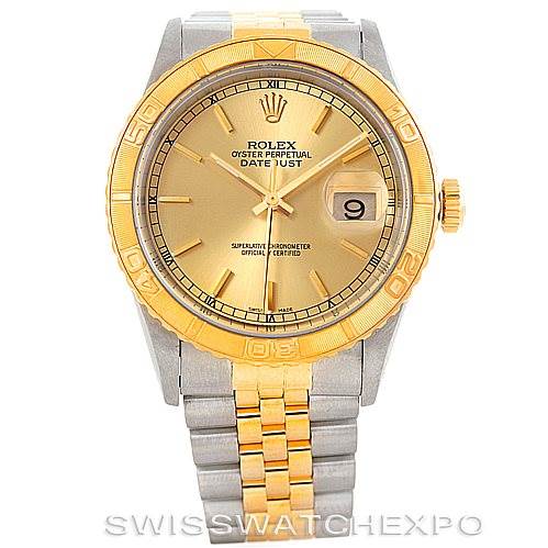 The image shows a front view of a Rolex Turn-o-Graph 16263 Men's Steel and Gold (two tone) Champagne Dial 16263 Men's Steel and Gold (two tone) Champagne Dial Datejust watch with a gold bezel, gold dial, and a two-tone bracelet.
