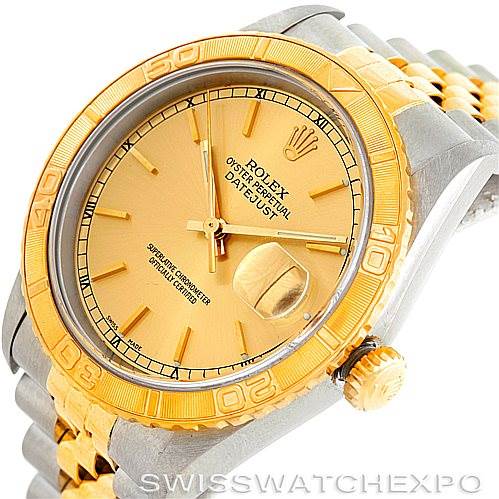 The image shows a Rolex Turn-o-Graph 16263 Men's Steel and Gold (two tone) Champagne Dial 16263 Men's Steel and Gold (two tone) Champagne Dial watch from a slightly angled top-down view, highlighting the dial, bezel, and part of the bracelet.