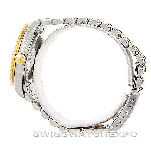 The image shows a side view of a Rolex Turn-o-Graph 16263 Men's Steel and Gold (two tone) Champagne Dial 16263 Men's Steel and Gold (two tone) Champagne Dial watch, highlighting its bracelet, bezel, and crown.