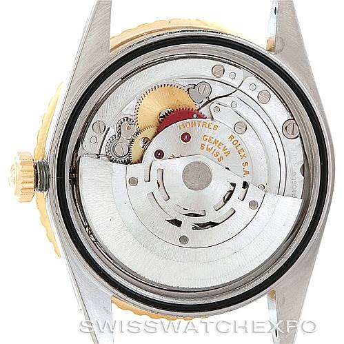 The image shows the internal mechanism of a Rolex Turn-o-Graph 16263 Men's Steel and Gold (two tone) Champagne Dial 16263 Men's Steel and Gold (two tone) Champagne Dial watch, viewed from the back with the case open.