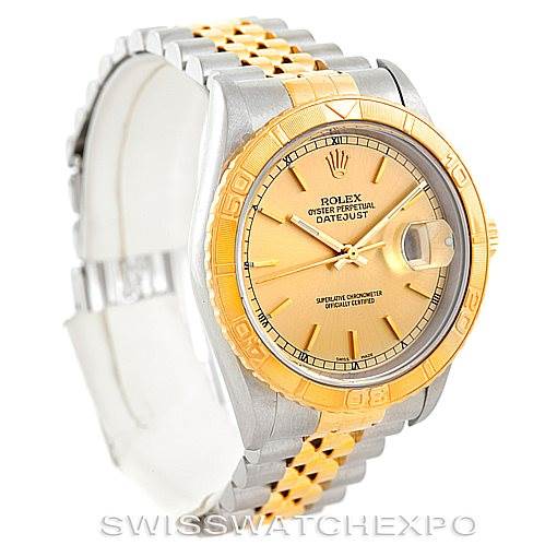 This image shows the front and partial side view of a Rolex Turn-o-Graph 16263 Men's Steel and Gold (two tone) Champagne Dial 16263 Men's Steel and Gold (two tone) Champagne Dial watch, highlighting its dial, bezel, and two-tone bracelet.