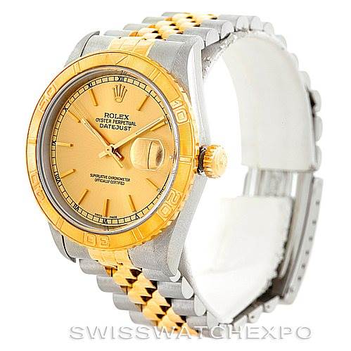 This image shows a Rolex Turn-o-Graph 16263 Men's Steel and Gold (two tone) Champagne Dial 16263 Men's Steel and Gold (two tone) Champagne Dial watch featuring a gold dial, gold and silver bezel, and a gold and silver bracelet, viewed from an angled front perspective.