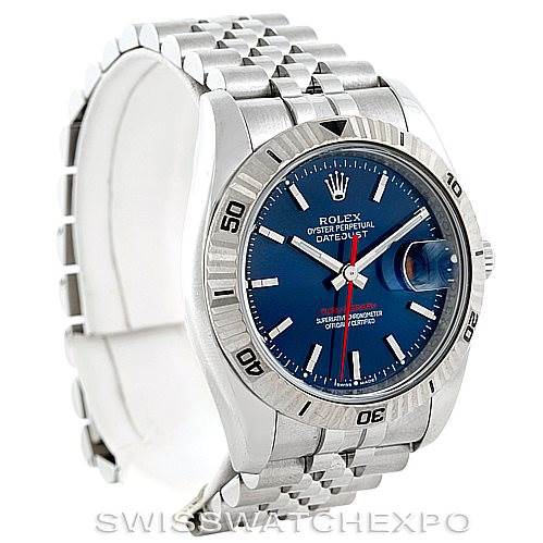 This image shows a Rolex Turn-o-Graph 116264 Men's Stainless Steel Blue Dial 116264 Men's Stainless Steel Blue Dial watch from an angled side view, highlighting the dial, bezel, bracelet, and date magnifier.