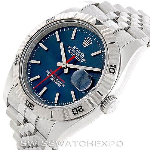 The image shows a frontal and slightly angled view of a Rolex Turn-o-Graph 116264 Men's Stainless Steel Blue Dial 116264 Men's Stainless Steel Blue Dial watch, highlighting its bezel, dial, bracelet, and crown.