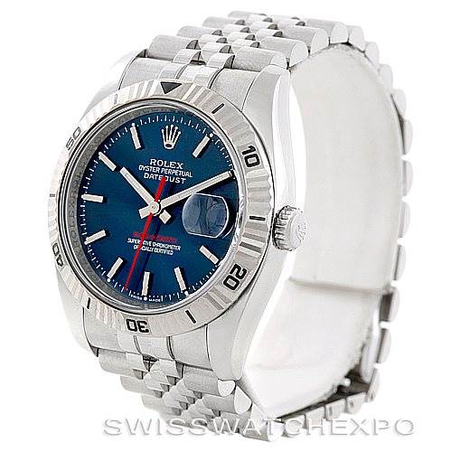 This image shows a Rolex Turn-o-Graph 116264 Men's Stainless Steel Blue Dial 116264 Men's Stainless Steel Blue Dial watch from the front angle, highlighting its dial, bezel, and bracelet.