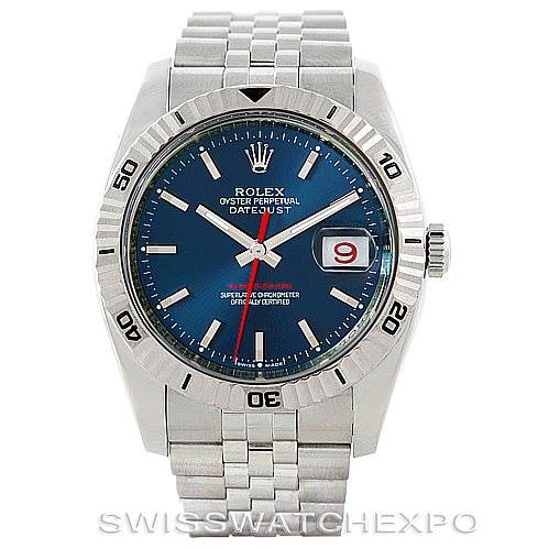 The image shows a front view of a Rolex Turn-o-Graph 116264 Men's Stainless Steel Blue Dial 116264 Men's Stainless Steel Blue Dial with a blue dial, bezel, and bracelet.