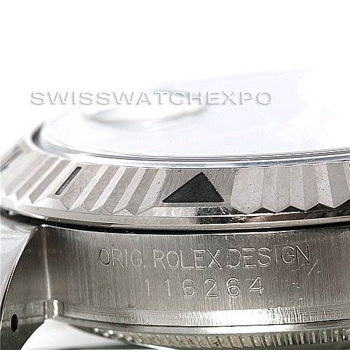 This image shows a close-up of the bezel and side case of a Rolex Turn-o-Graph 116264 Men's Stainless Steel Blue Dial 116264 Men's Stainless Steel Blue Dial watch, highlighting the model number and "Orig. Rolex Design" inscription.