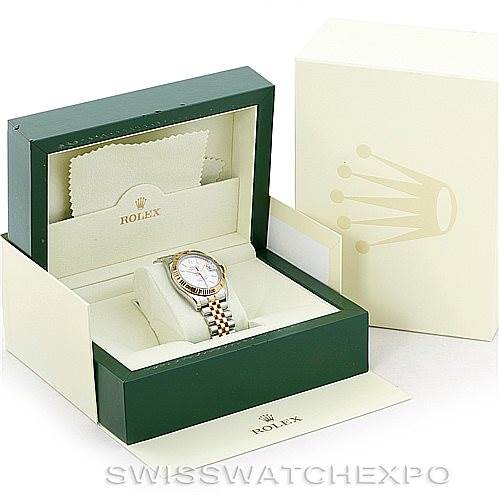 The image shows a Rolex Turn-o-Graph 116263 Men's Stainless Steel White Dial 116263 Men's Stainless Steel White Dial watch at a front angle, displayed in an open box with brand packaging and accessories.
