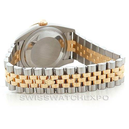 The image shows the back of the Rolex Turn-o-Graph 116263 Men's Stainless Steel White Dial 116263 Men's Stainless Steel White Dial watch, focusing on the case and the two-tone Jubilee bracelet.