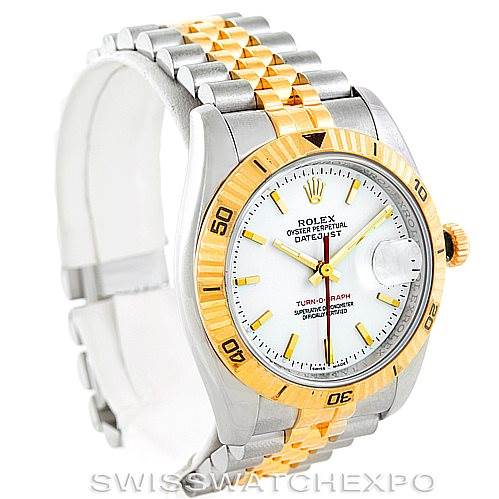 This image shows the Rolex Turn-o-Graph 116263 Men's Stainless Steel White Dial 116263 Men's Stainless Steel White Dial watch from an angled front view, highlighting the face, bezel, and two-tone bracelet.