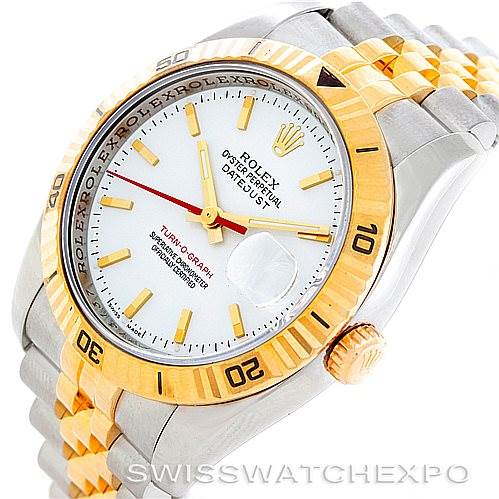 The image shows a Rolex Turn-o-Graph 116263 Men's Stainless Steel White Dial 116263 Men's Stainless Steel White Dial watch angled from the side, highlighting the face, bezel, and part of the bracelet.
