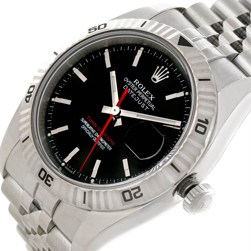 The image shows a Rolex Turn-o-Graph 116264 Men
s Stainless Steel Black Dial 116264 Men
s Stainless Steel Black Dial watch at a slight angle, highlighting the face, bezel, crown, and bracelet.